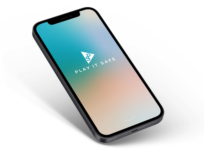 Mobile phone mockup with the Play It Safe logo displayed on the screen.