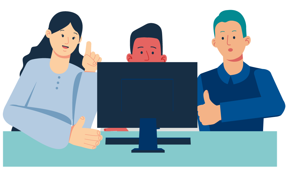 Illustration of three people sitting behind a computer screen.