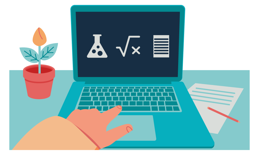 Illustration of a laptop screen displaying science and maths symbols.