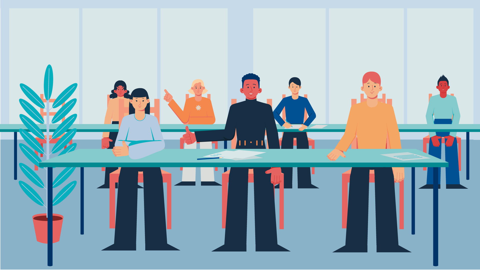 Illustration of students sitting in a classroom.