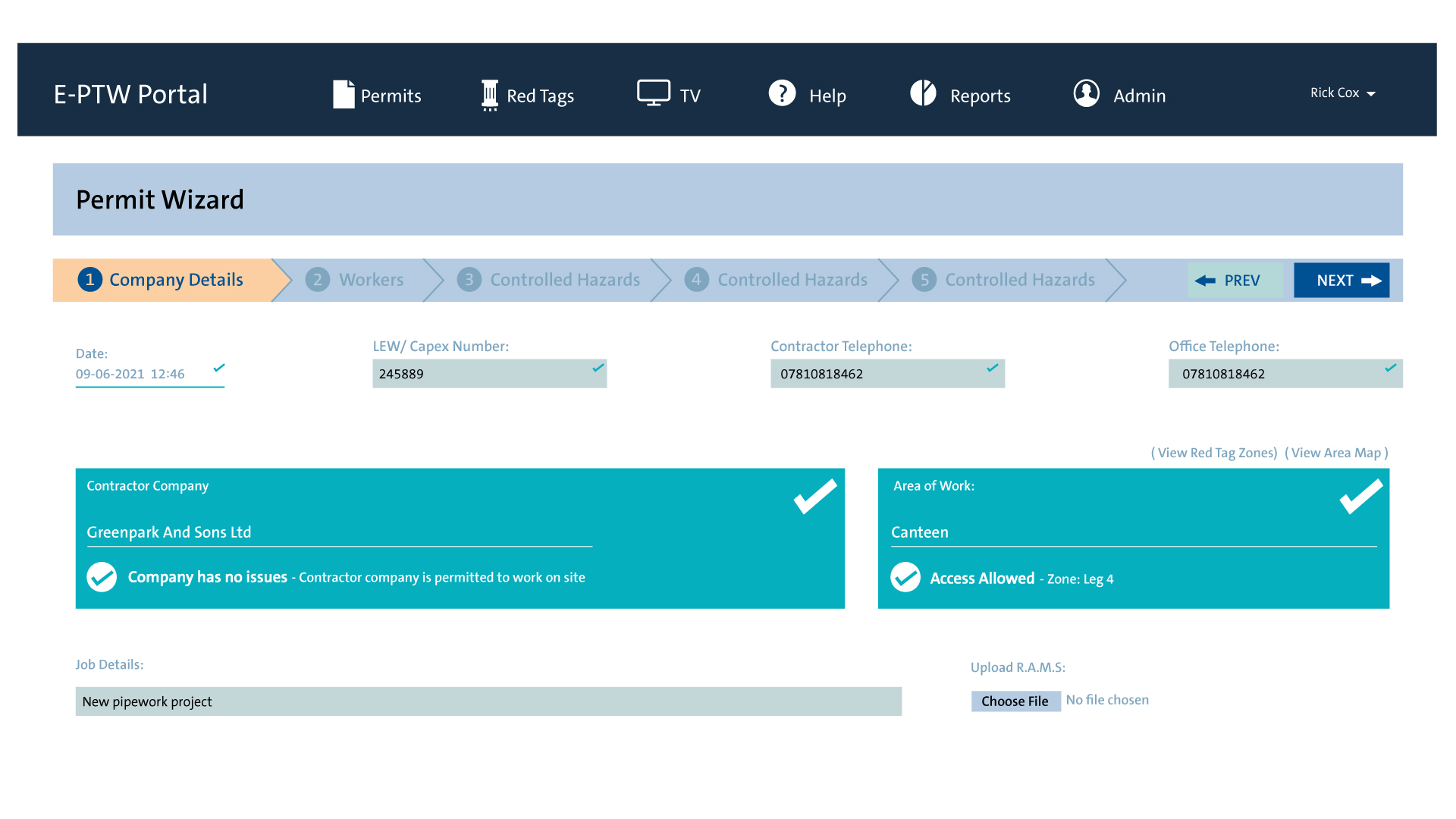 Screenshot of the E-Permit to Work Permit Wizard.