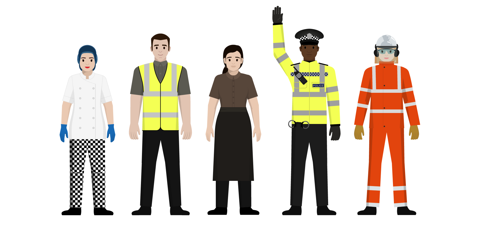 Five characters in a row: a female kitchen worker, a man in a high viz jacket, a female housekeepr, a police man and a female road worker wearing an orange suit.