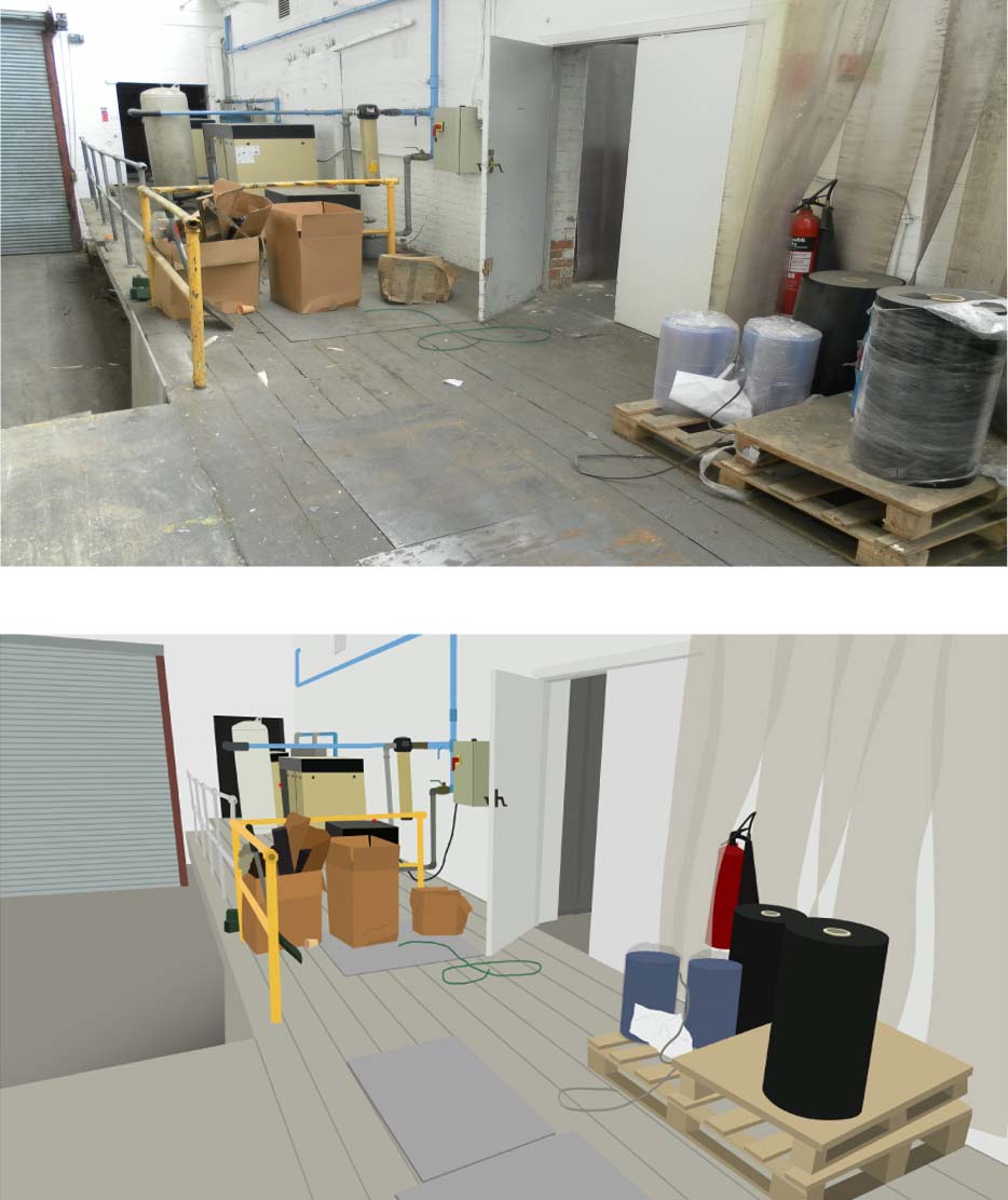 Two images: the top on is a photograph of a warehouse, the bottom one is an illustration of the same warehouse.