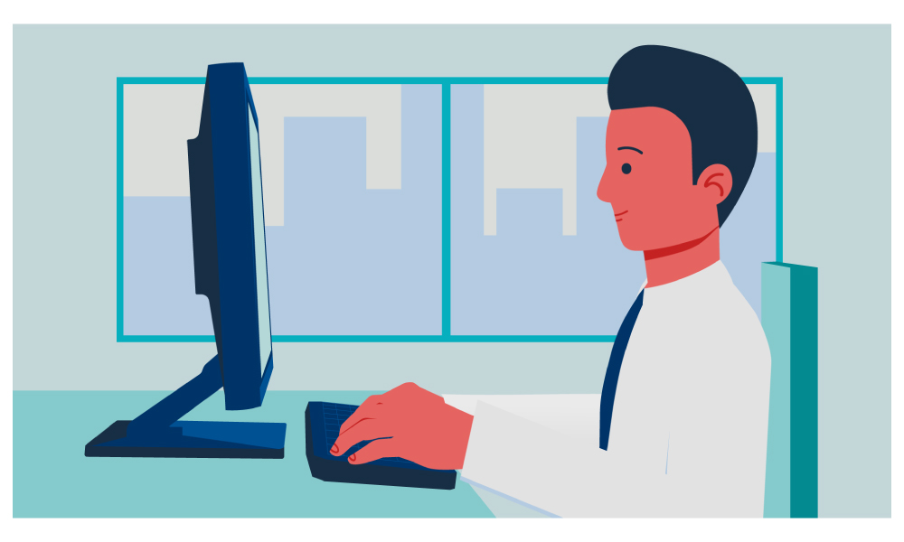 Illustration of a man sitting at a computer.